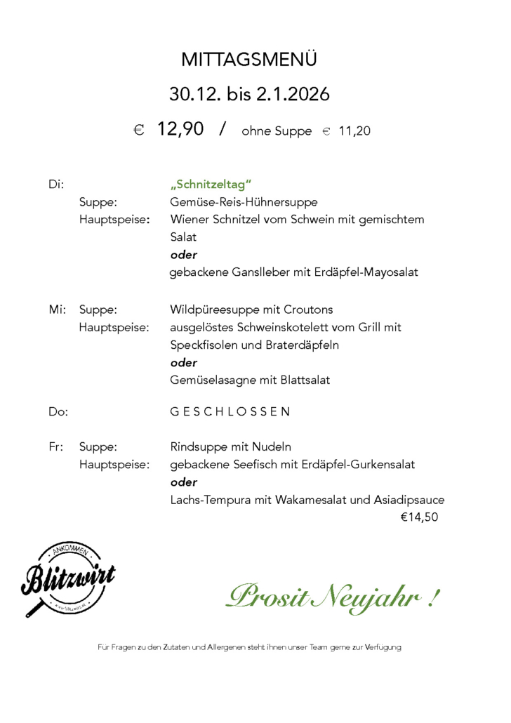 Blitzwirt Menü 30.12.- 2.1.26